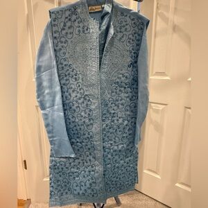 Blue Embroidered and Embellished Kurta Sherwani Set
